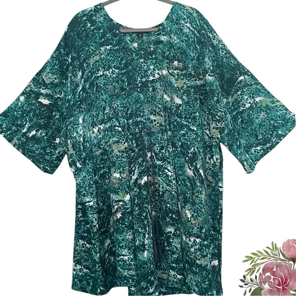 ON SALE⭐️ Ellos tunic top green pattern V neck dropped sleeves drawstring waist - Picture 3 of 16